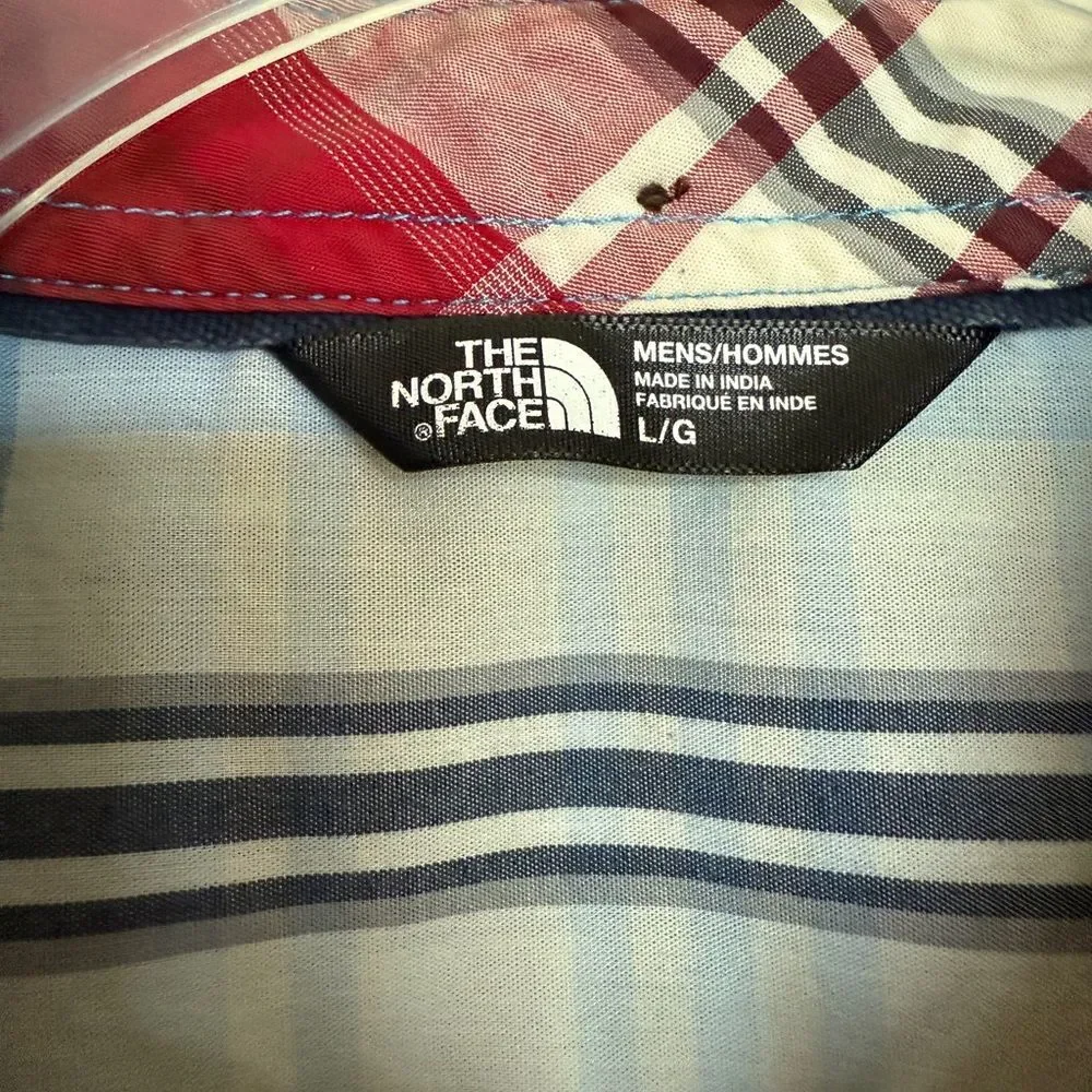 The Northface Large Blue Plaid Men's Shirt Short Sleeve Button Front.